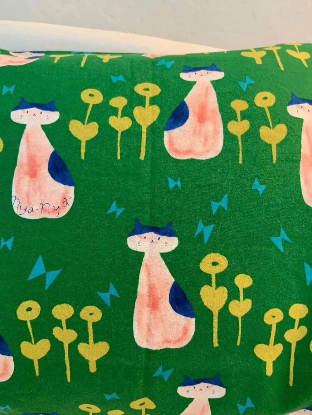 Handmade Kitties on the Lawn Pillowcase, Pink and Green, Toddler/Travel Size